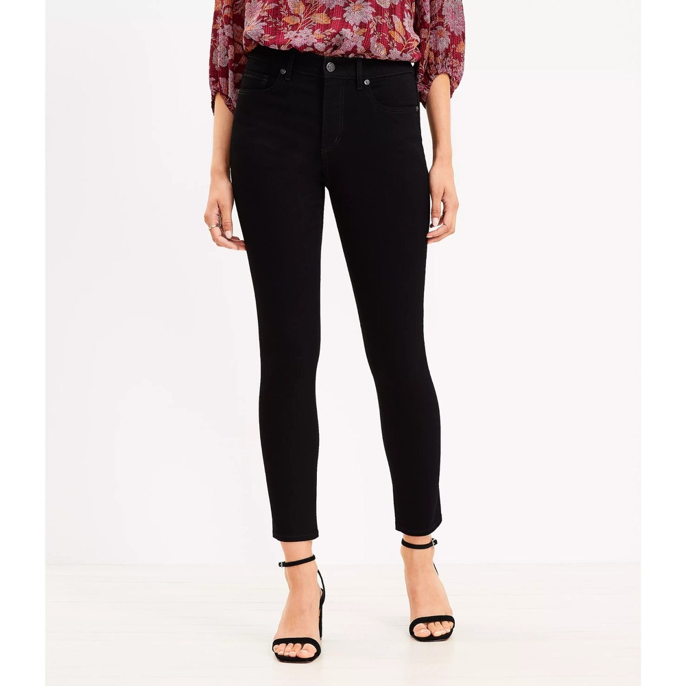 LOFT Curvy Skinny Ankle Jeans Black Denim Size 28/6 Zipper Ankle Detail‎